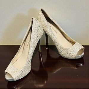 Audrey Brooke Silver Ivory Peep Toe Pumps 4" Heels